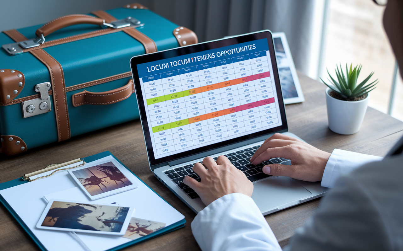 A physician at a desk with a laptop open, analyzing a digital schedule on the screen showing multiple locum tenens opportunities. Colorful charts and maps of various locations are displayed, highlighting the flexibility of choosing assignments. A stuffed suitcase sits nearby, ready for the journey ahead, while personal photos add a touch of warmth to the workspace, symbolizing the harmony between work and life.