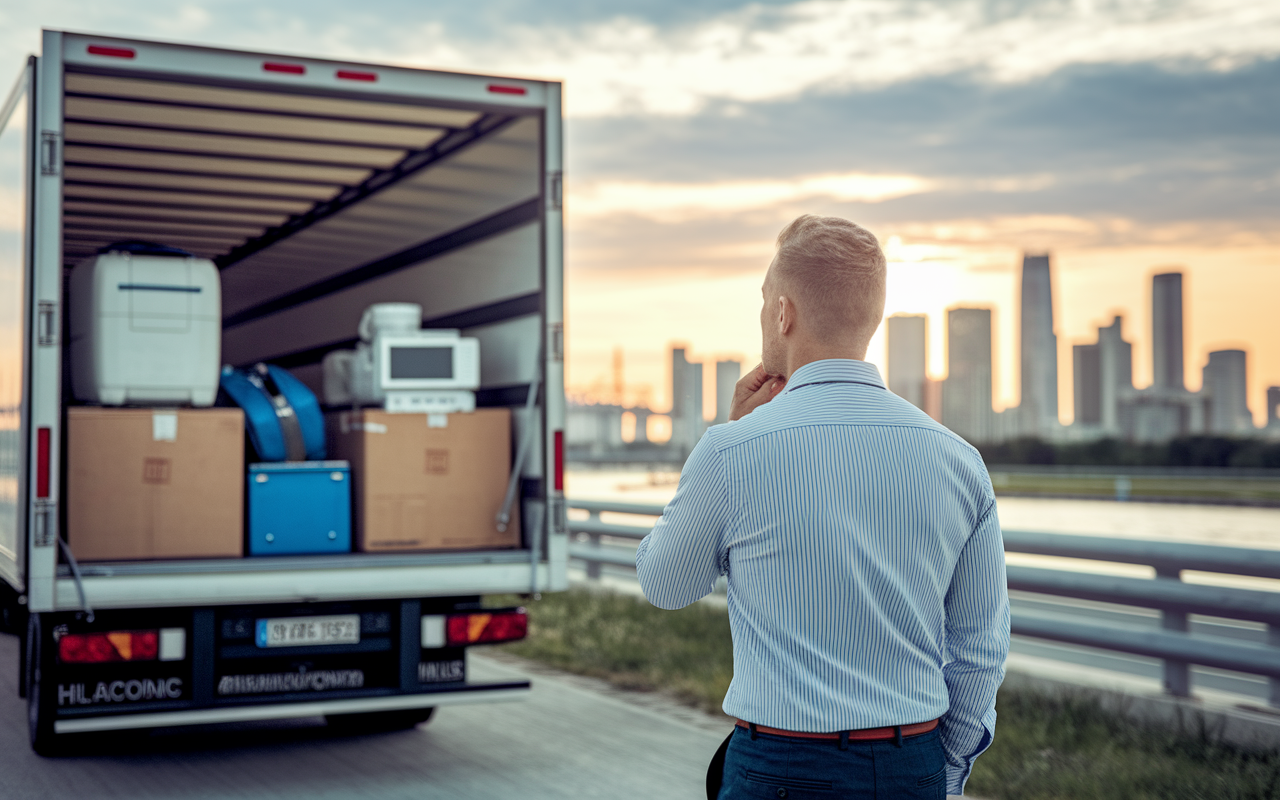 A thoughtful physician, dressed in a professional outfit, standing in front of a moving truck packed with medical gear and personal belongings, gazing out at a new city skyline. The horizon is glowing with a sunset, symbolizing a new beginning. The scene captures a sense of uncertainty and anticipation, reflected in the physician's contemplative expression, highlighting the emotional toll of frequent relocations.