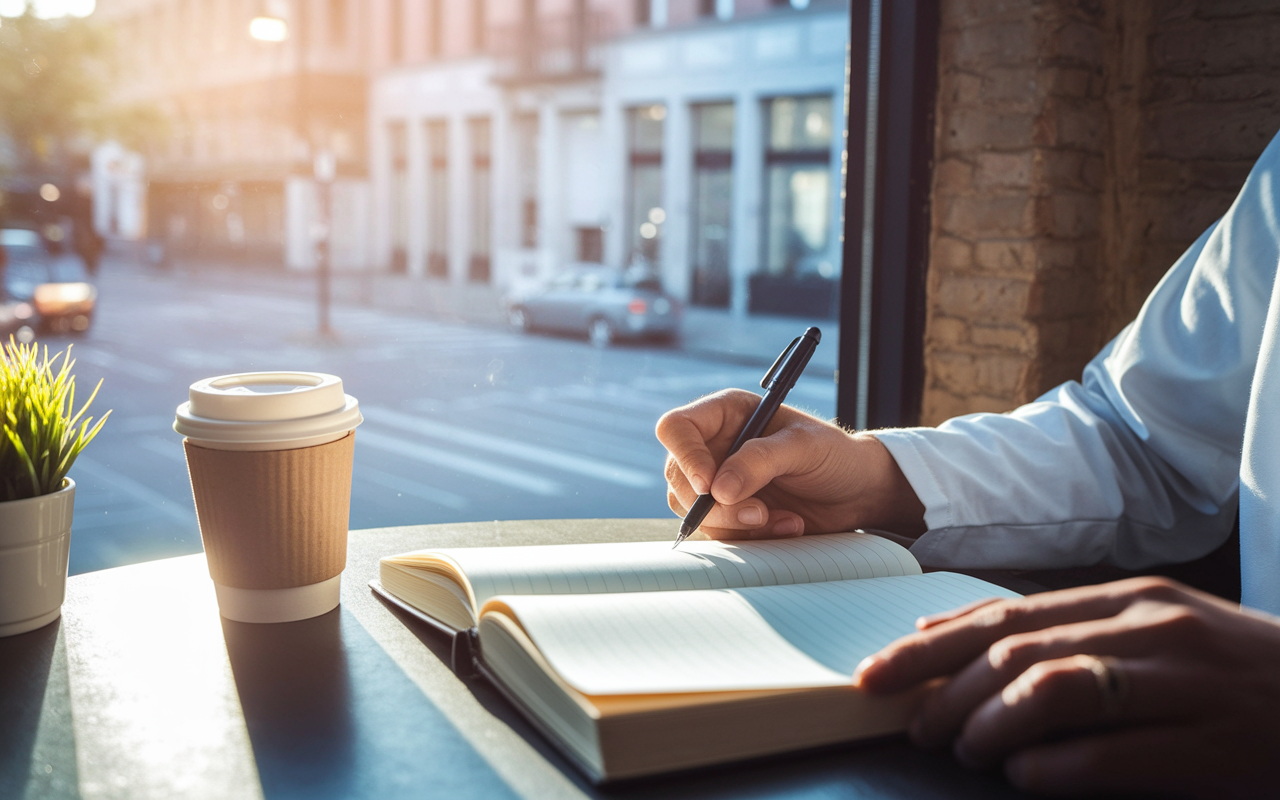 A serene scene of a locum tenens physician sitting by a window in a cozy café, contemplatively writing in a journal. The warm sunlight pours in, illuminating the pages filled with thoughts about career aspirations and life goals. A coffee cup and a small potted plant sit on the table, symbolizing personal growth and reflections on the flexibility of locum tenens work in a picturesque urban setting.