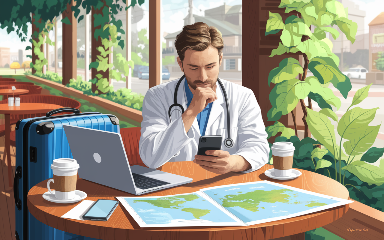 A locum tenens physician sitting with a smartphone and a laptop in a cozy café, planning their schedule surrounded by travel essentials like a suitcase and a world map. The setting is bright and cheerful, with coffee cups on the table, conveying a vibe of adventure and freedom. The physician has a thoughtful expression, symbolizing the balance of work and personal life. Digital painting style with vibrant colors.