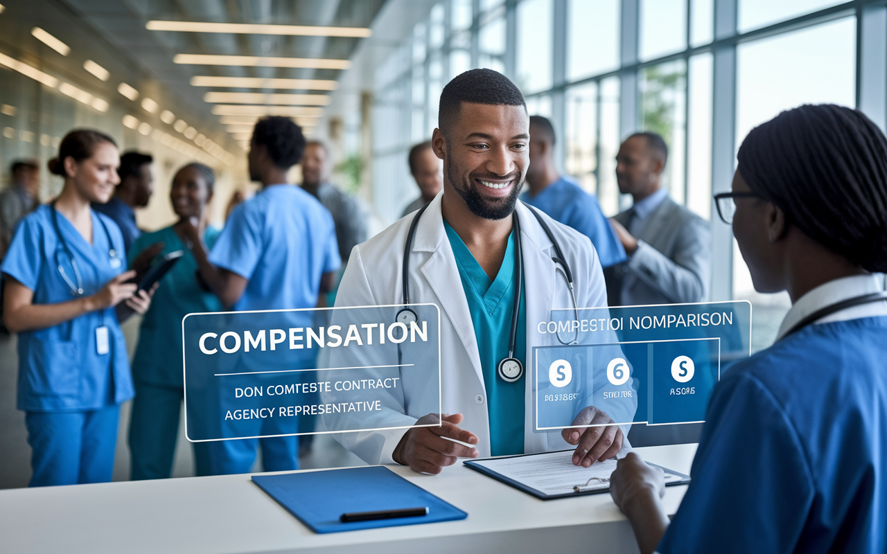 A clinic's busy reception area where a locum tenens physician is discussing their competitive contract with a staffing agency representative. The area is bustling with patients and healthcare staff, depicting lively interactions. The physician appears empowered and confident while reviewing a digital display on compensation comparison. The emphasis on contracts and negotiations is highlighted with a sleek, modern design. Photorealistic style with a focus on expressions.