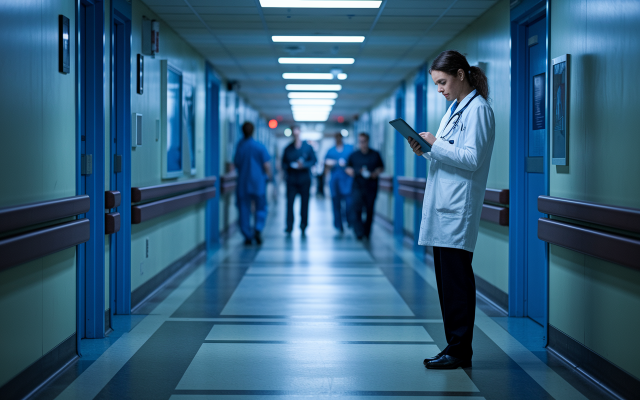 A pensive locum tenens physician standing alone in a hospital corridor, looking at job listings on their tablet. The hallway is a mix of busy and quiet, with hospital staff moving in the background. The atmosphere feels a bit heavy, capturing the tension of uncertainty. The lighting is slightly dim, reflecting the theme of doubt about job security. Cinematic style with a focus on facial expressions.