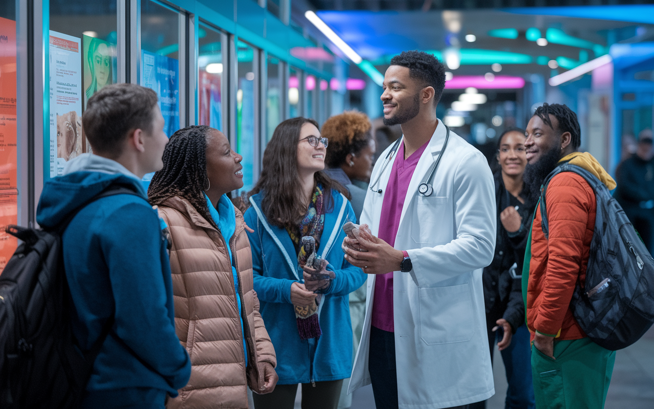 An engaging scene depicting a locum tenens healthcare provider in action at a bustling urban clinic. The provider interacts with a diverse patient group, set against a backdrop of colorful posters and medical equipment. The atmosphere is busy yet vibrant, showcasing the complexity and variety of patient care environments. Dynamic lighting creates a lively and immersive environment, highlighting the multicultural aspect of healthcare.