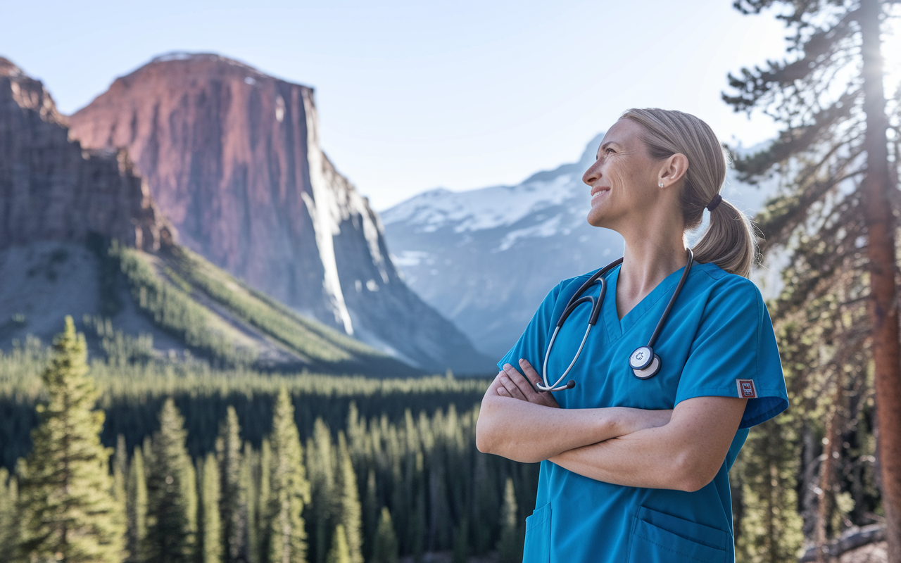 An adventurous healthcare provider standing in front of a scenic backdrop featuring a national park. The provider, dressed in scrubs, gazes at the landscape with a look of appreciation and wonder. The scene symbolizes exploration and discovery, capturing the essence of working in different locales. Bright sunlight filters through trees, creating a warm and inviting atmosphere.