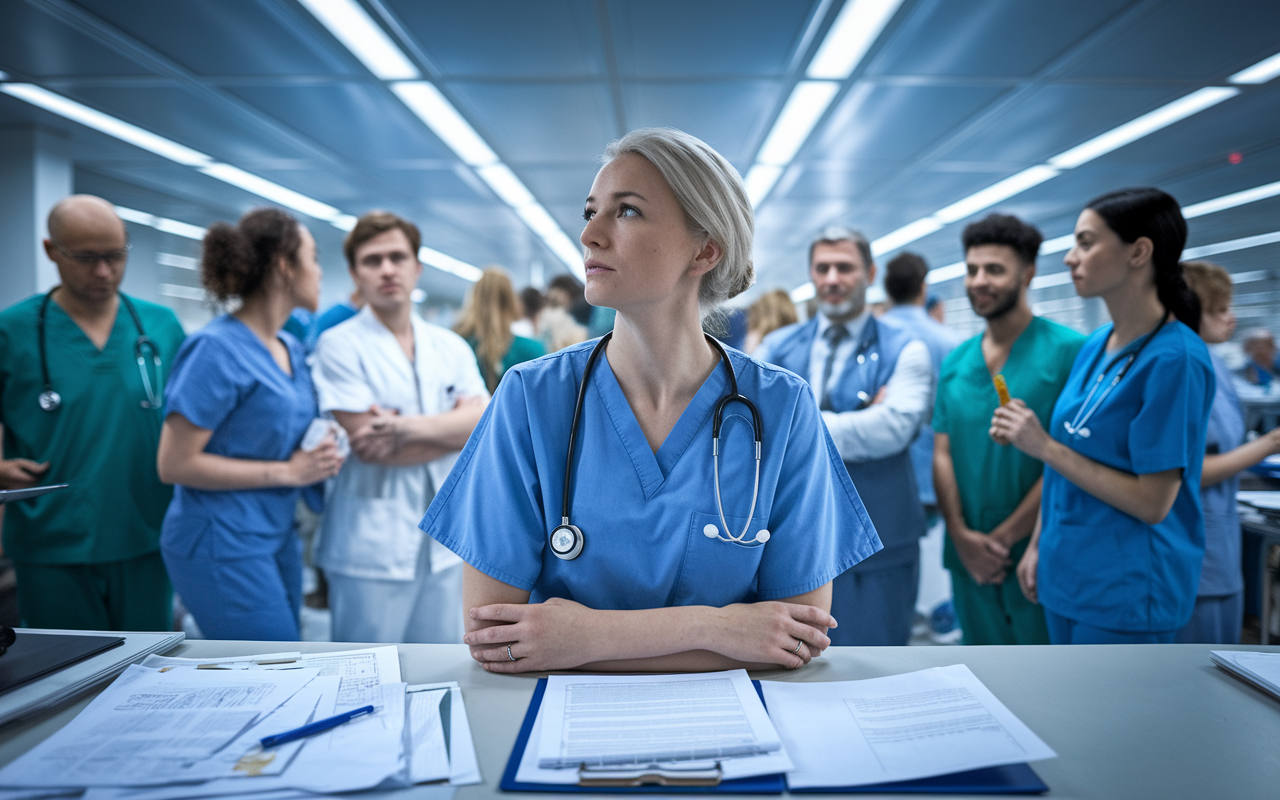 A healthcare professional in scrubs looks contemplatively at a busy hospital setting, with diverse staff members and patients. Papers and charts are scattered on a desk, indicating the adaptation process underway. Bright, fluorescent lighting creates a clinical atmosphere, while the expressions of team members reflect the challenges and camaraderie in a dynamic environment.