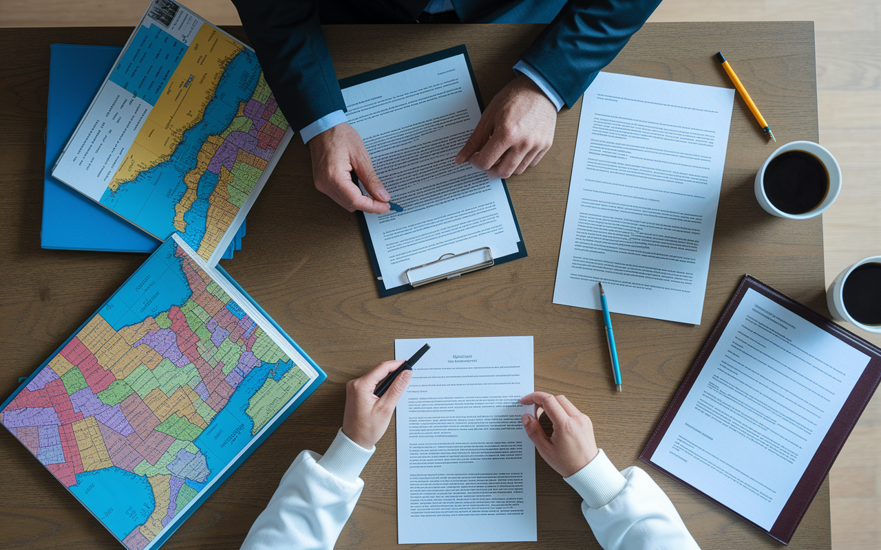 An organized workspace showing a locum tenens provider studying licensing documents and medical regulations from various states. Maps and pamphlets are scattered across the desk, creating a scene of thorough preparation. The lighting casts a focused and determined atmosphere, highlighting the meticulous effort required to navigate diverse regulations.