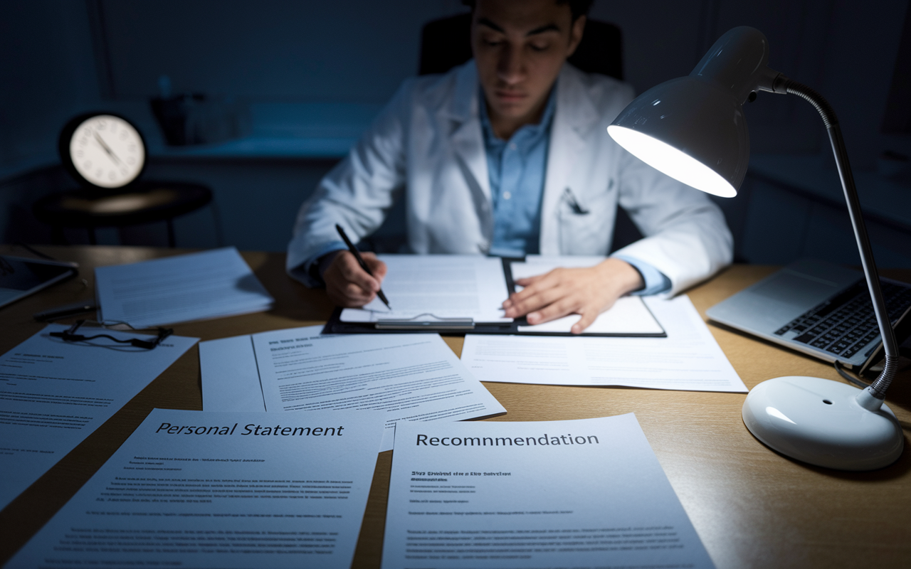 A focused scene of a determined medical graduate at a desk, working late at night on their residency application. The desk is scattered with neatly organized documents, including a well-crafted CV, a personal statement draft, and letters of recommendation. The room is softly illuminated by a desk lamp, creating an atmosphere of concentration and dedication, with a clock showing late hours, emphasizing urgency.