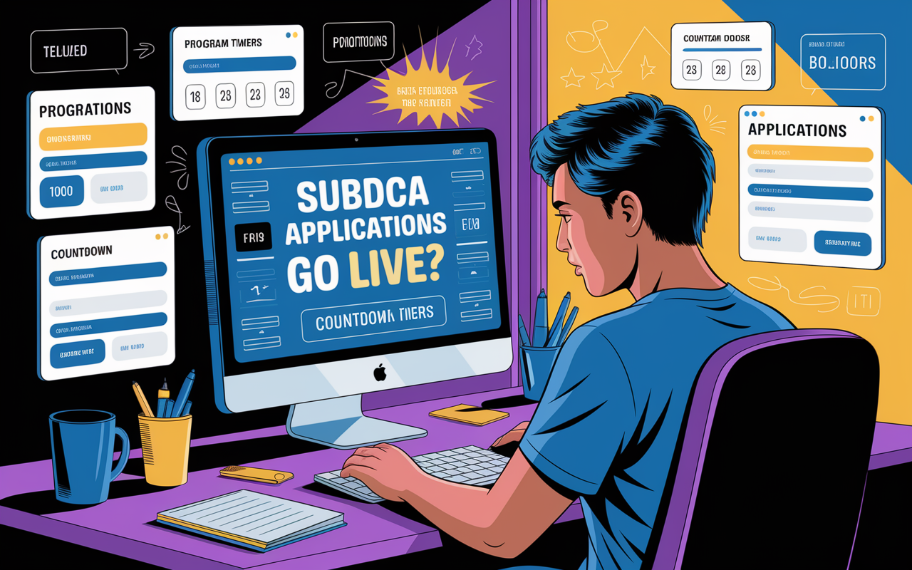 A simulated environment showing a nervous yet determined medical student at a computer, frantically submitting their applications as positions go live. The screen displays program details, with countdown timers and multiple tabs open for different applications. The atmosphere is tense yet hopeful, filled with bright colors and a sense of urgency, representing the race against time.
