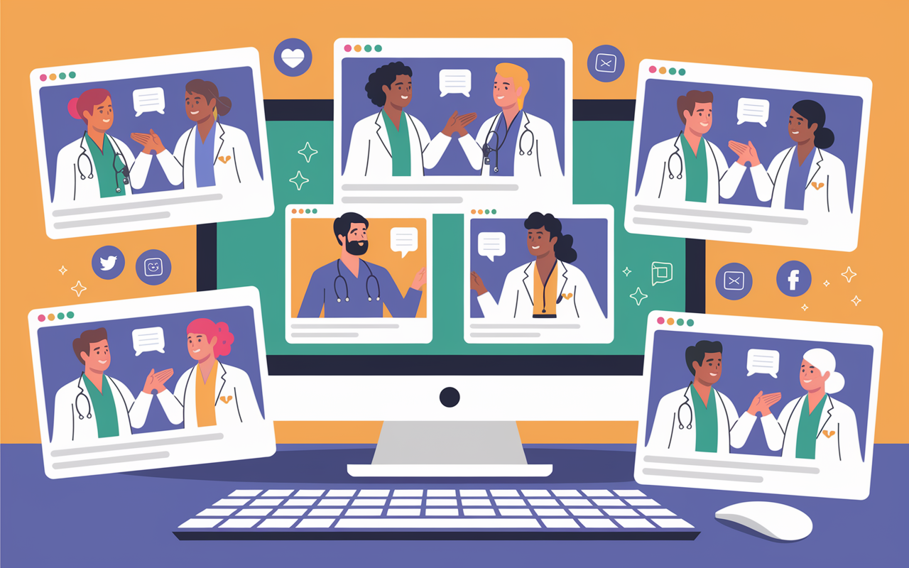 A vibrant scene showing a virtual networking event with multiple windows open on a computer screen. Each window features diverse medical professionals engaging in conversation, wearing their medical attire, and having friendly discussions. The environment is warm and inviting, emphasizing connections being made over a digital platform, with icons representing social media engagement around them.