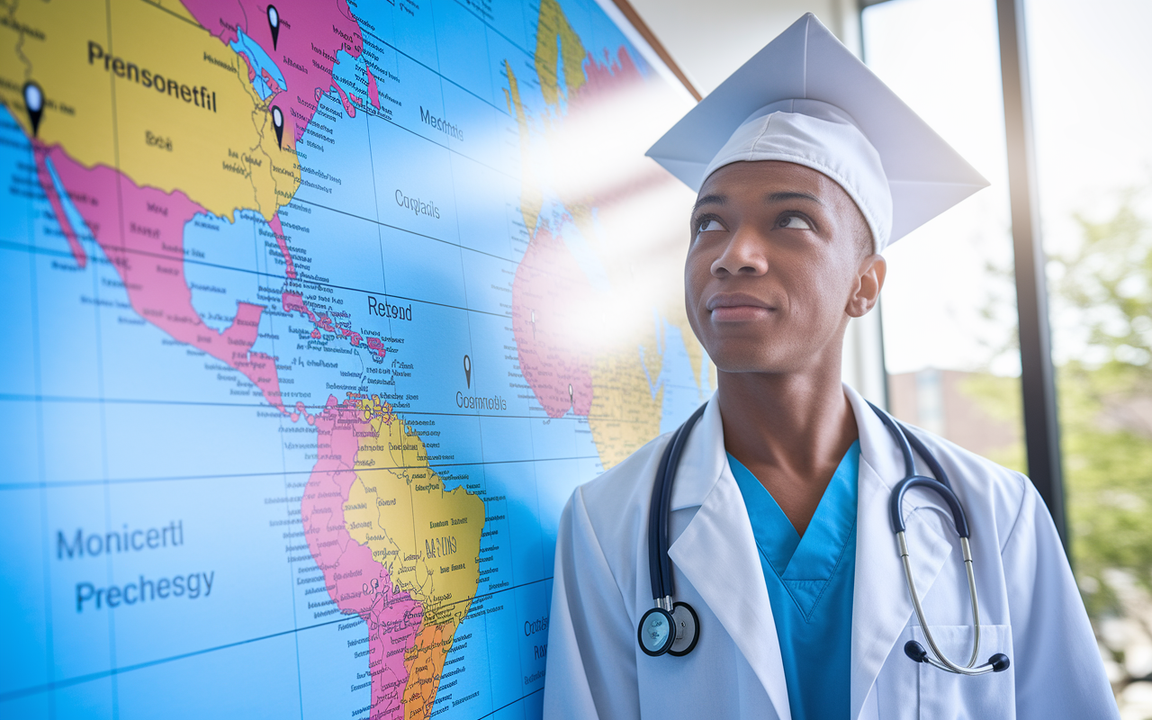 A thoughtful medical graduate standing before a large map, with pins marking various locations representing potential residency programs. The individual looks contemplative yet optimistic, symbolizing the consideration of geographical flexibility. Natural lighting filters through a window, adding an air of hopefulness and exploration.