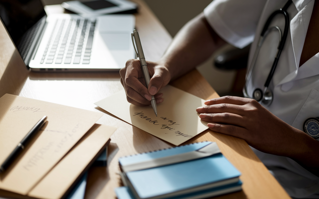 A meaningful close-up of a medical graduate writing thank you notes at a desk, surrounded by interview notes and a laptop. The graduate is holding a pen with a focused expression, embodying gratitude and professionalism. Warm, ambient lighting casts a cozy glow, emphasizing the personal touch of the notes being written.