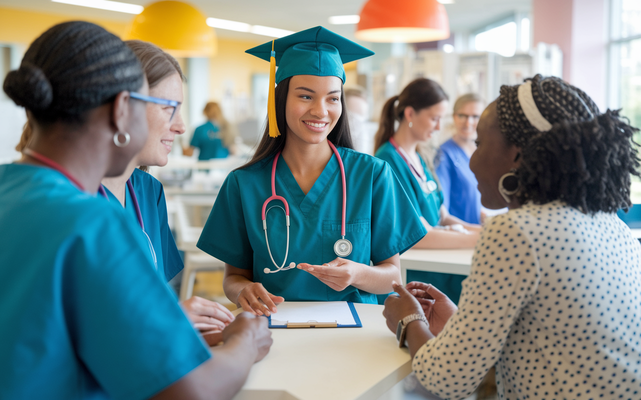 An aspiring medical graduate volunteering in a community clinic, interacting with patients and healthcare teams. The environment is bright and welcoming, with cheerful colors and warm interactions, showing the graduate gaining hands-on experience. The image captures the essence of community service and engagement with diverse populations.