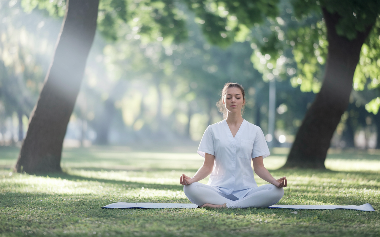 A serene scene depicting a medical graduate practicing yoga outdoors in a peaceful park setting. Soft sunlight filters through trees, creating a calming atmosphere as they engage in mindful meditation. This image conveys relaxation, self-care, and the importance of mental health amidst the pressures of residency applications.