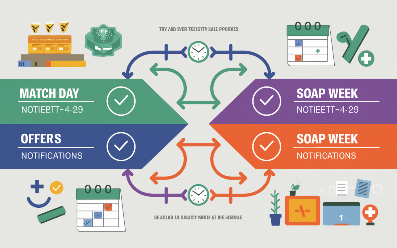 An infographic-style visual highlighting important dates and timelines for SOAP, including Match Day, SOAP Week, and offer notifications. The design features a clear calendar layout with arrows indicating timelines, vibrant colors to differentiate between events, and visual icons like clocks, checkmarks, and medical symbols. The background subtly includes a gradient of colors representing urgency and opportunity, with a sense of motion.