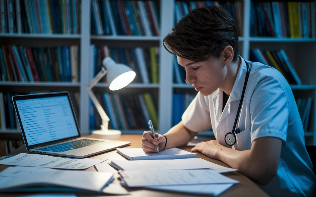 A focused medical student working at a desk cluttered with papers, a laptop open showing a list of residency programs. The setting is a cozy yet professional study space with bookshelves in the background filled with medical textbooks. The student is deeply engaged, jotting down notes with a pen, while a small desk lamp casts a warm light illuminating their face, showing determination and the seriousness of preparing for SOAP.