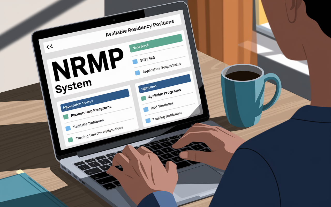 A clear digital interface of the NRMP SOAP system on a laptop screen, showcasing available residency positions. The setting includes a person clicking through the application portal, with visible sections for application status, available programs, and tracking notifications. Soft lighting in the room highlights the focus and intensity, a coffee mug next to the laptop adding a touch of realism, conveying a sense of urgency during SOAP Week.