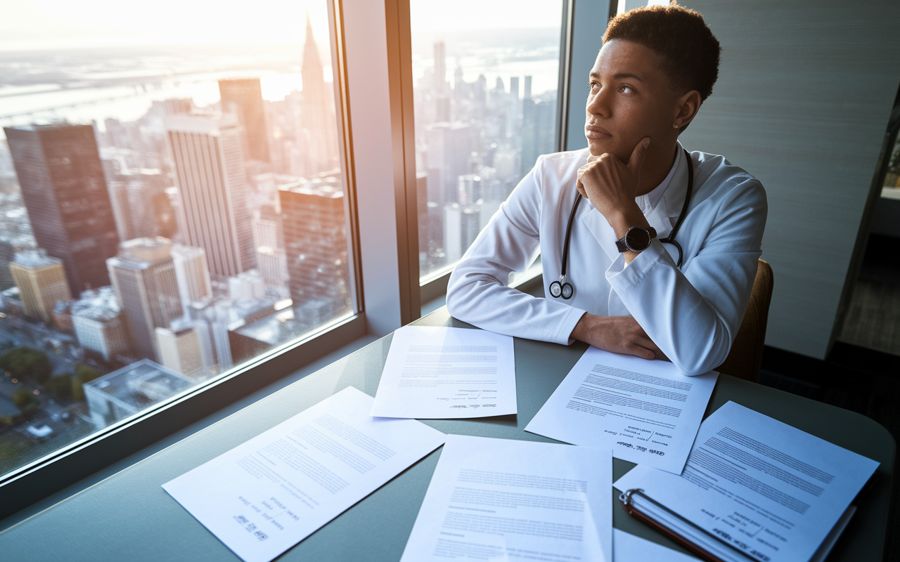 A thoughtful medical candidate sitting at a table with multiple letters of residency offers spread out before them, looking contemplative. Sunlight streams through a window, illuminating their expressions of determination and contemplation. A nearby notepad shows pros and cons written down, representing careful evaluation of each option. A scenic view of a bustling city can be seen through the window, symbolizing future opportunities.