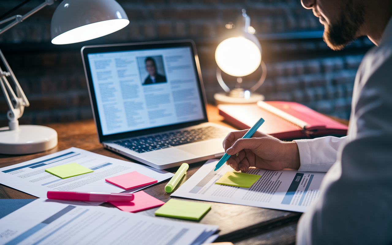 A close-up view of a focused medical graduate fine-tuning their application materials on a laptop. The table is cluttered with printed CVs and personal statement drafts surrounded by colorful highlighters and sticky notes. The intensity is palpable as the candidate reviews feedback from a mentor on the computer screen, bathed in warm desk lamp light, while a clock in the background is ticking, reflecting the urgency of the SOAP timeline.