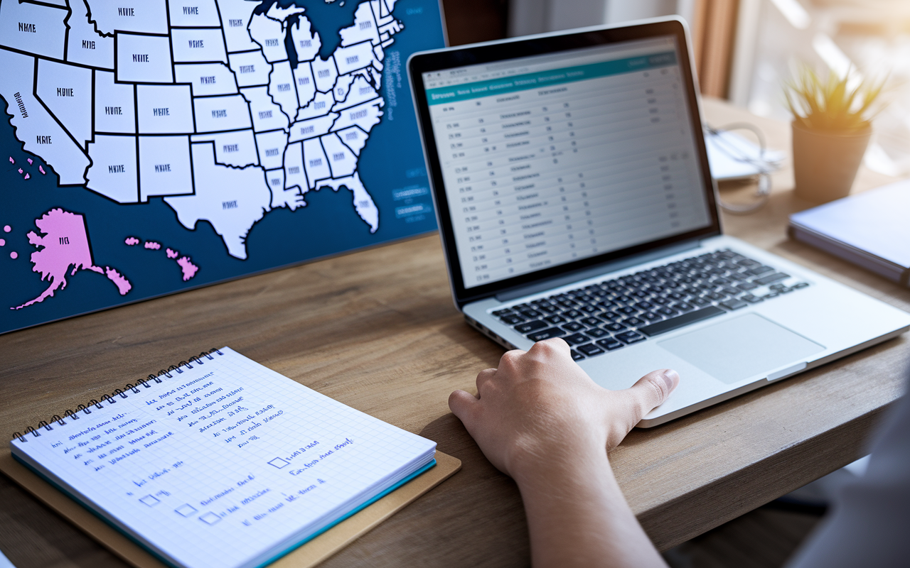 An organized workspace filled with a medical graduate's research on residency programs. The scene features a large, detailed map of the United States with pins indicating points of interest, alongside a laptop displaying a list of target residency programs. A notepad filled with handwritten notes and checkmarks sits to the side. Natural sunlight from a nearby window highlights the student’s focused expression, showcasing determination and clarity in the context of the SOAP process.