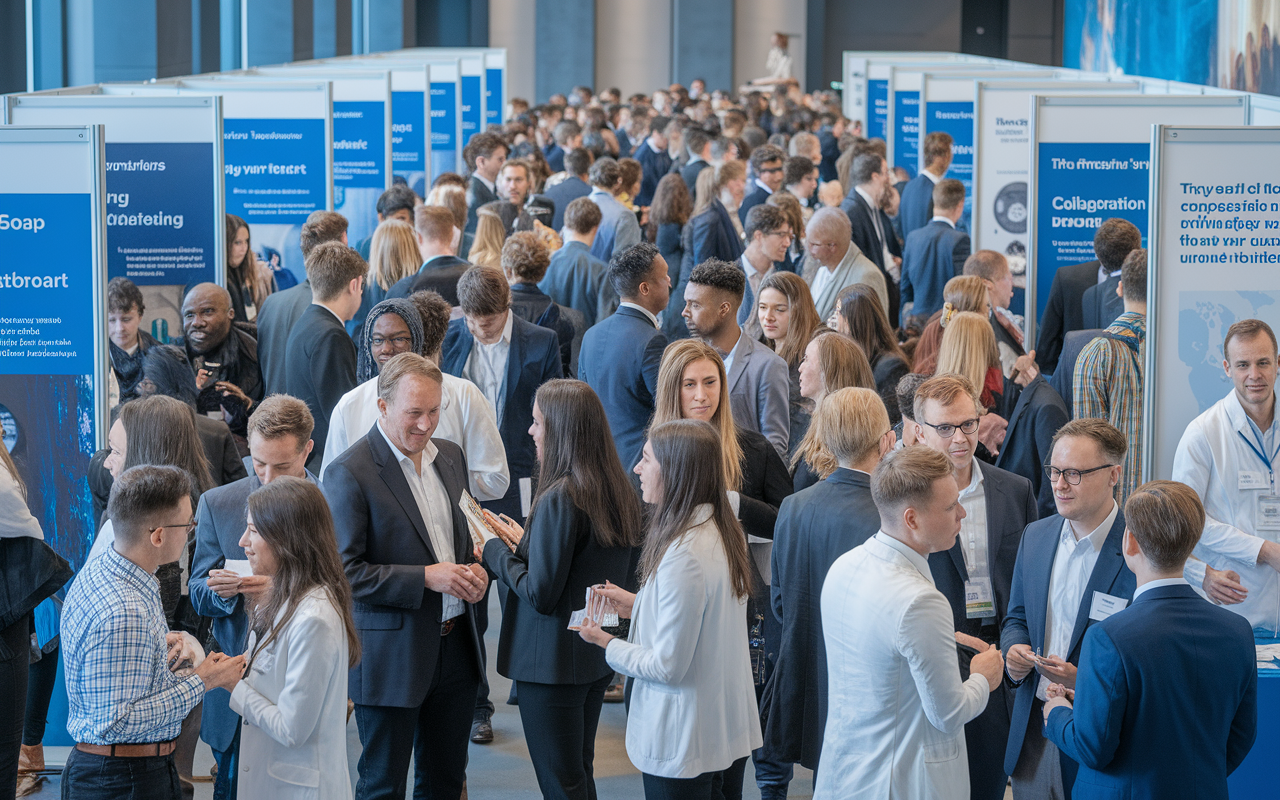 A vibrant networking event for medical graduates, filled with diverse individuals engaged in animated conversations. Groups of candidates dressed in professional attire gather near informational booths with banners about SOAP, while others are exchanging business cards and sharing experiences. The setting is well-lit, creating an inviting atmosphere that emphasizes connection, collaboration, and the pursuit of residency opportunities.