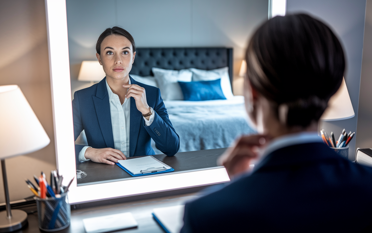 A candidate preparing for a residency interview, practicing answers in front of a mirror. They are dressed in a crisp suit, exuding confidence, with notes and questions laid out on a nearby desk. The setting is a well-organized bedroom, softly lit to highlight the candidate’s focused expression. The atmosphere conveys determination, readiness, and an eagerness to step into the next phase of their medical career.