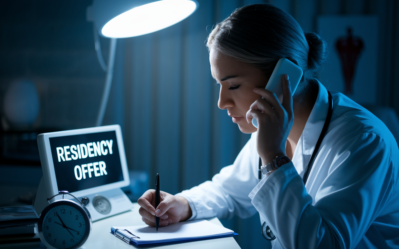 A medical graduate in a spotlighted room receiving a phone call about a residency offer during SOAP. Their expression is one of intense focus as they jot down notes quickly. The phone screen displays 'Residency Offer' while a clock shows an approaching deadline. The environment is tense yet hopeful, with a sense of urgency and potential in the air, showcasing the critical moments of decision-making in the residency matching process.