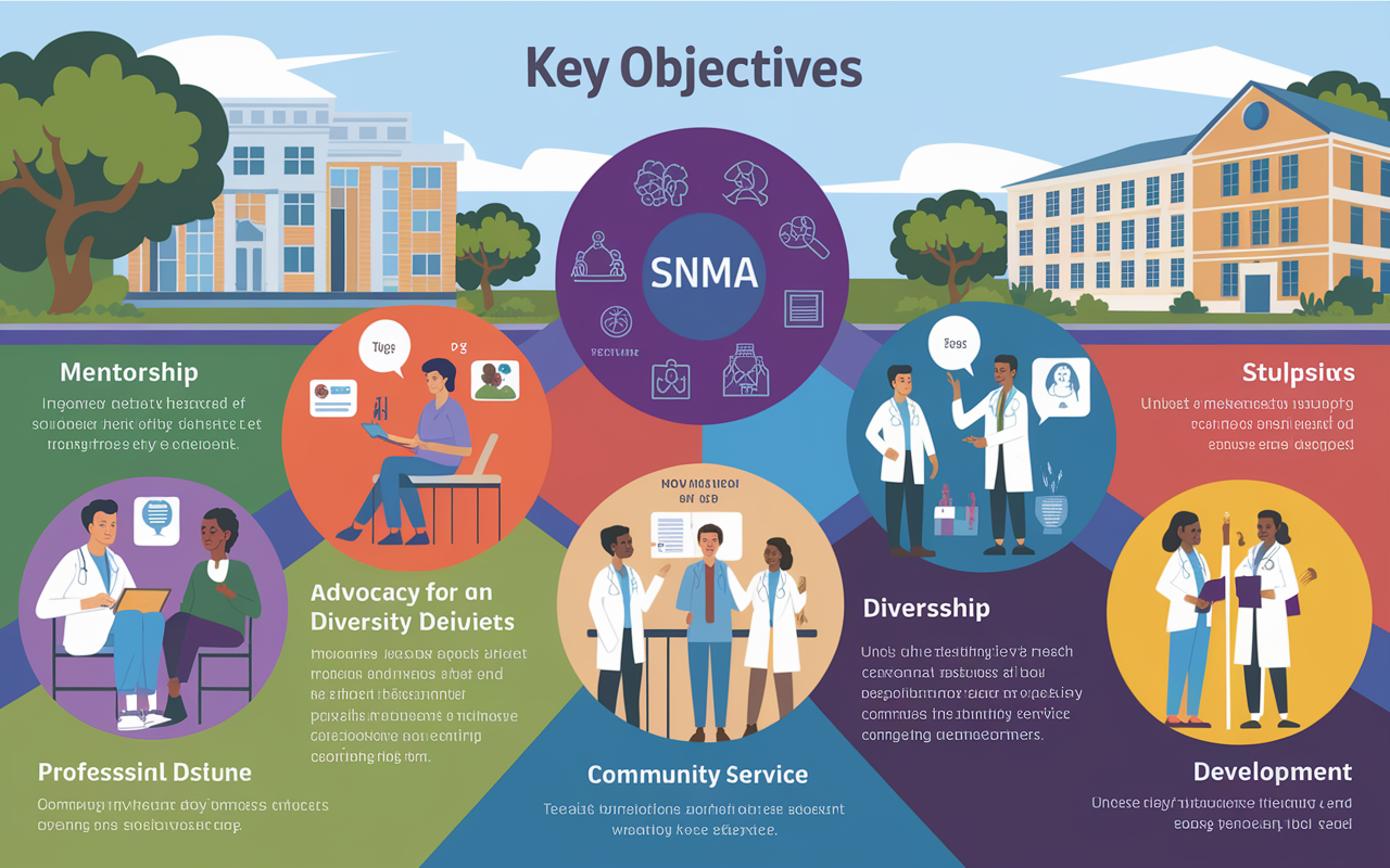 A visually appealing infographic illustrating the key objectives of SNMA, displayed in an educational setting. The graphic includes icons and visuals representing mentorship, advocacy for diversity, community service, and professional development. Each objective is depicted with bright colors and engaging graphics, surrounded by images of diverse medical students actively participating in community service, attending workshops, and engaging in mentorship discussions. The backdrop features a university campus to emphasize education and support.