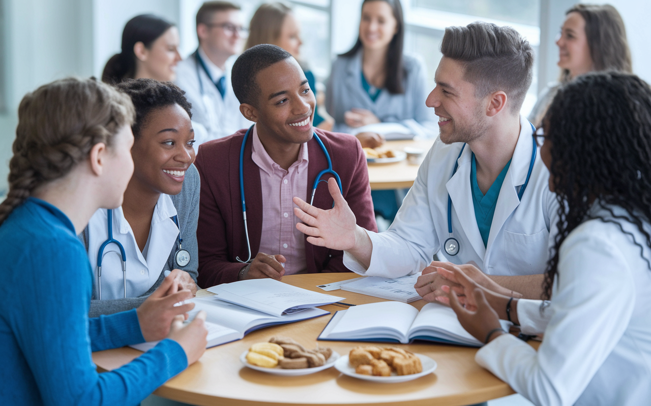 A vibrant scene of students participating in the Big Brother/Big Sister Program at a medical school. A group of first-year students is clustered around a pair of second- and third-year students, engaged in a lively discussion. The setting is bright and inviting, with medical textbooks and laptop open on tables. Snacks are laid out, creating a friendly atmosphere. Expressions of camaraderie and support highlight the bonding experience of mentorship.