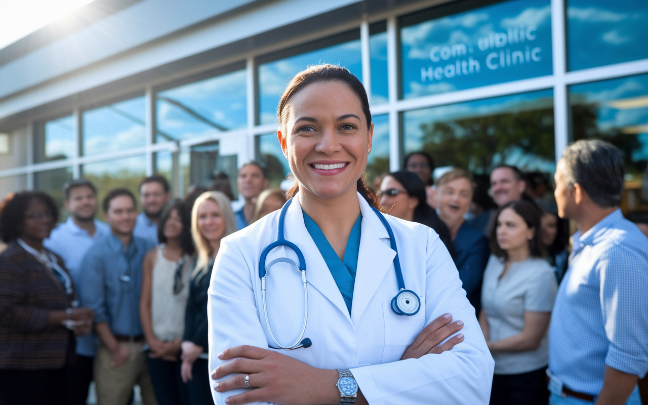 A portrait of Dr. Maria Rodriguez, a proud and confident public health advocate, standing outside a community health clinic. She is in her white coat with a stethoscope around her neck, smiling warmly as diverse community members gather behind her. The scene captures the essence of empowerment and the impact of mentorship and community support in healthcare. The bright sunlight emphasizes her determination and leadership in addressing health disparities.