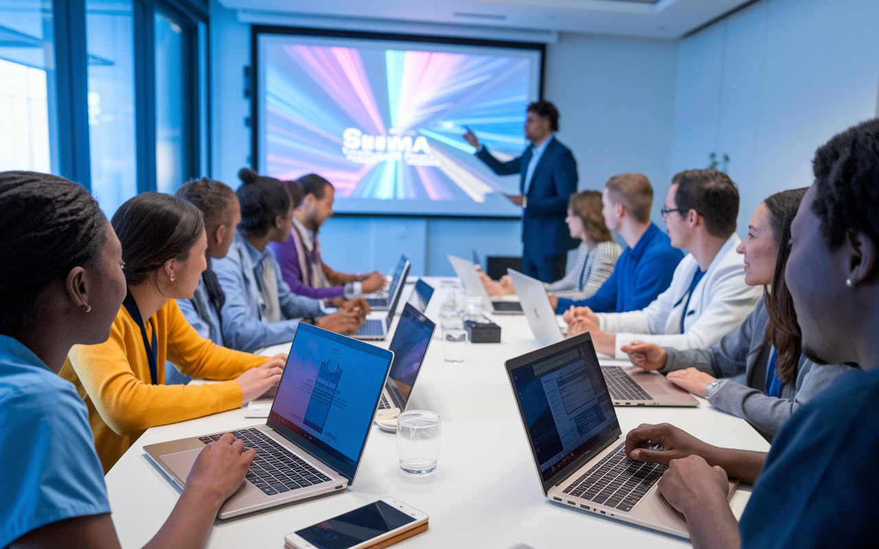 An inspiring scene of a diverse group of medical students attending a workshop hosted by SNMA, focused on residency applications. Each student has a laptop open, engaging with a facilitator at the front of the room, showing dynamic slides on a projector. The atmosphere is energetic with students taking notes and asking questions, excited about the future. The image highlights the importance of community and resources in competitive medical education.