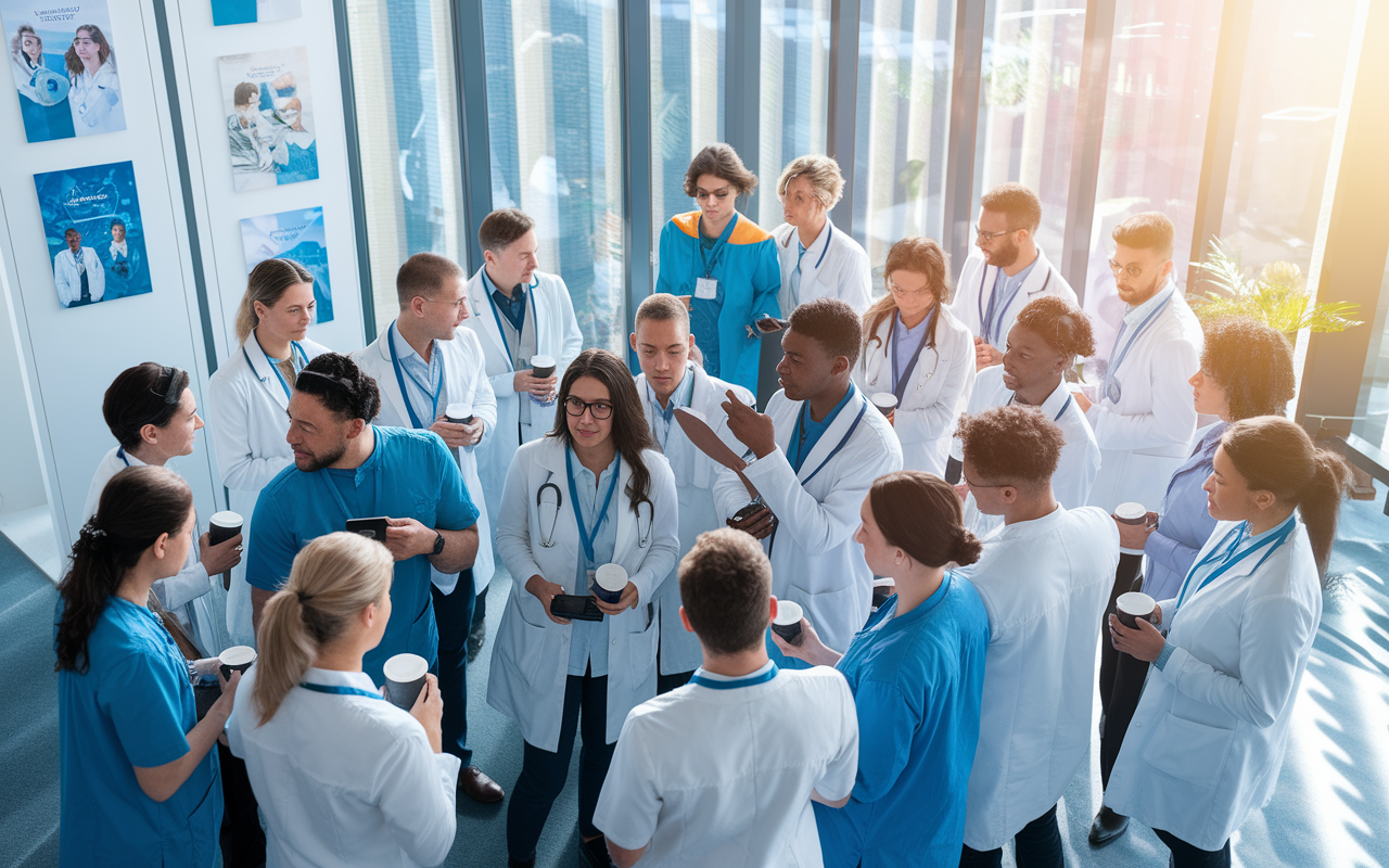 A diverse group of medical graduates gathered in a bright, contemporary conference room, exchanging ideas and networking. Some are holding coffee cups, engaging in discussions while others check their smartphones. The room is decorated with medical posters and career-related brochures. The sunlight streaming through large windows creates a vibrant atmosphere of collaboration and opportunity.