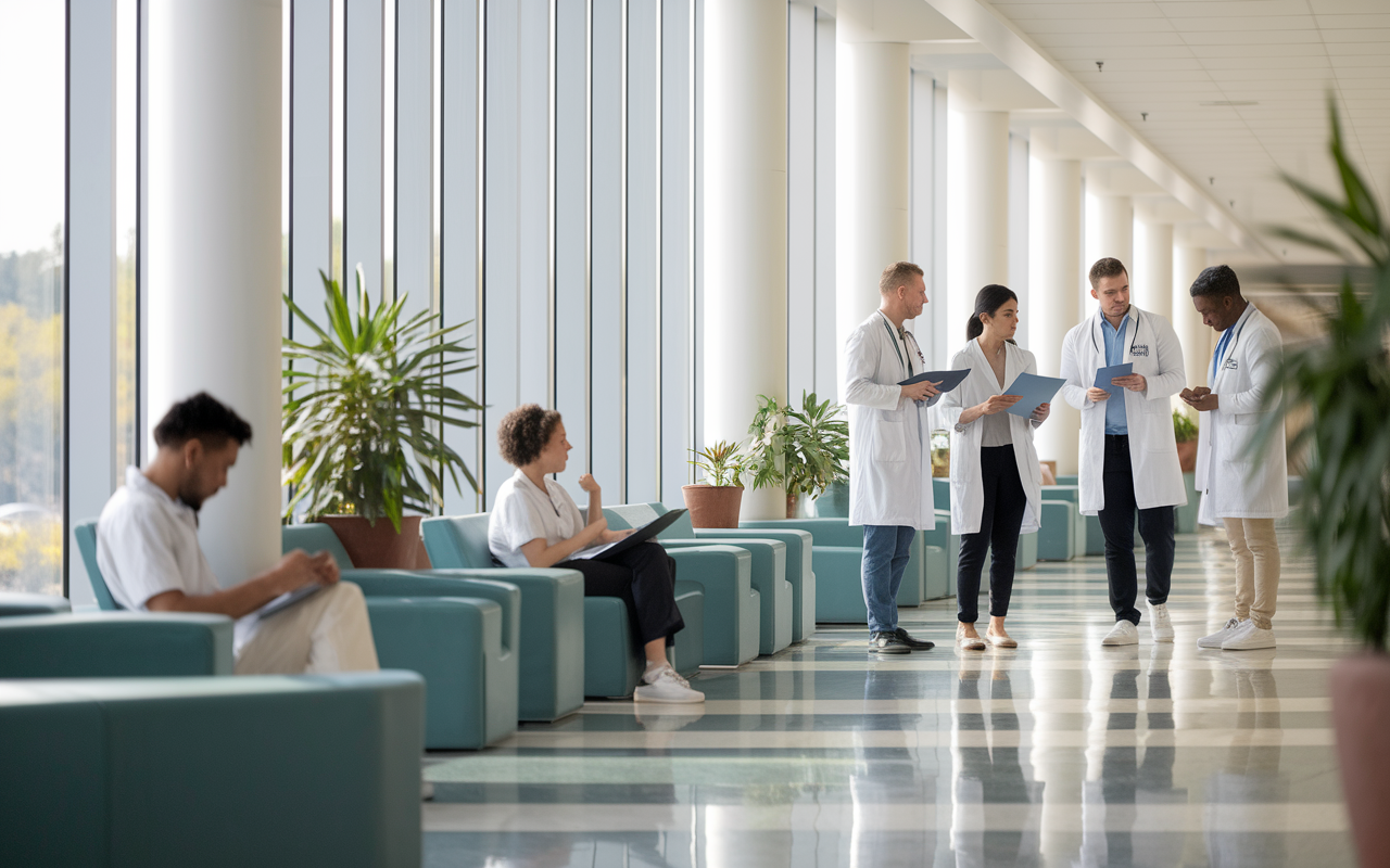 A serene hospital lobby where medical graduates can be seen accessing electronic devices, discussing in small groups, and reviewing pamphlets. The area is bright, with large windows allowing natural light to flood in, creating a hopeful atmosphere. Soft furnishings and plants add a touch of warmth to the environment. This scene captures the blend of stress and support among the applicants as they engage in discussions before the SOAP process begins.