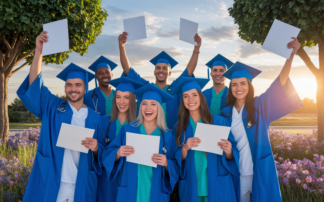 A joyful scene depicting a small group of medical graduates celebrating together in a vibrant outdoor setting after receiving residency offers. They are smiling, hugging, and some are raising their acceptance letters triumphantly. The sun sets in the background, casting a warm golden light and enhancing the atmosphere of achievement and relief. Trees and flowers surround them, symbolizing growth and new beginnings.