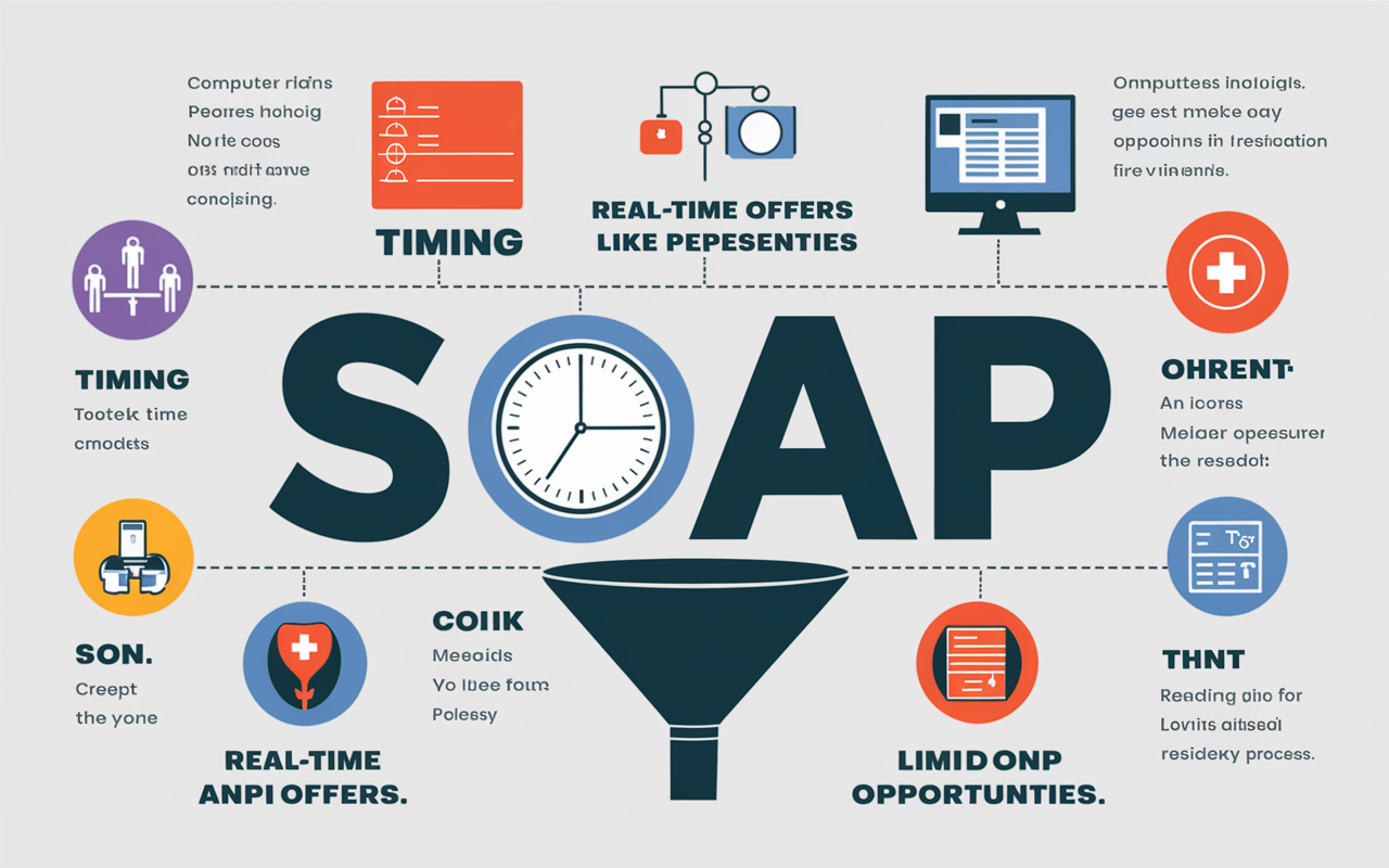 A detailed infographic illustrating the SOAP process, highlighting key features such as timing, real-time offers, and limited opportunities. The infographic has vibrant colors and icons representing concepts like clock for timing, computer for real-time offers, and a funnel indicating limited slots. The layout is clean and easy to understand, appealing to medical graduates preparing for the residency process.