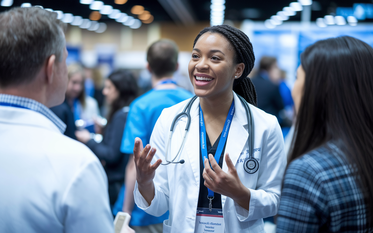 A passionate medical graduate talking to program faculty during a residency fair, exhibiting enthusiasm and genuine interest. The background is lively, filled with other candidates and informational booths. The lighting is bright, and the facial expressions reflect eagerness to connect and adapt to program expectations.