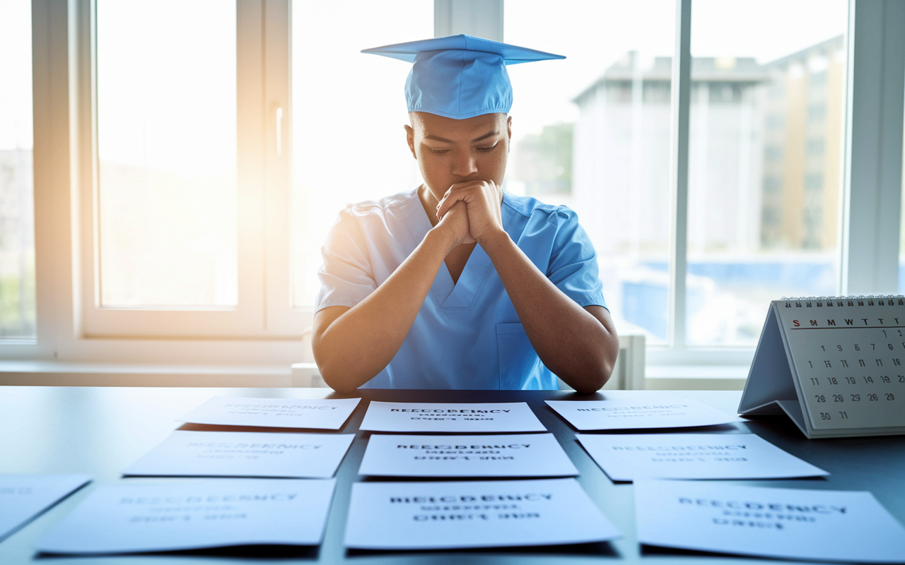 A medical graduate sitting at a table with multiple residency offers laid out in front of them, deep in thought about their next steps. The scene is illuminated with bright natural light from a window, emphasizing clarity and importance of decision-making. A calendar is visible in the background providing context for time-sensitive choices.