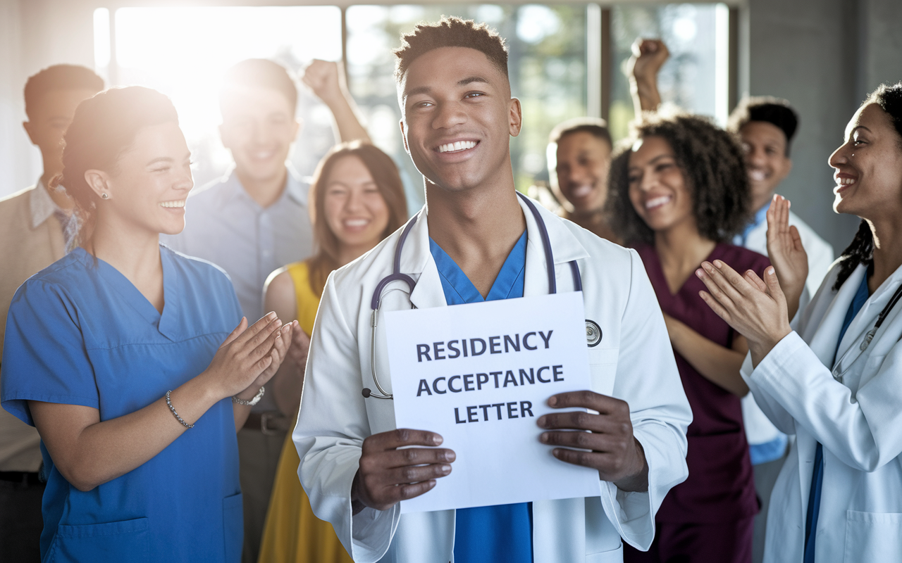 An inspirational scene of a confident medical graduate holding a residency acceptance letter with a bright smile, surrounded by colleagues celebrating the success. The setting is vibrant and joyful, evoking a sense of achievement and relief. Warm sunlight streams in, highlighting the sense of hope and accomplishment after the SOAP journey.