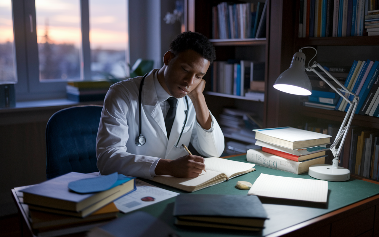 A medical graduate sitting at a cluttered desk in a cozy study room, surrounded by medical books and papers, deep in thought. The soft, warm lighting from a desk lamp casts gentle shadows, as the individual scribbles notes in a journal reflecting on their residency application. The atmosphere conveys introspection and determination, with a window showing a sunset in the background.