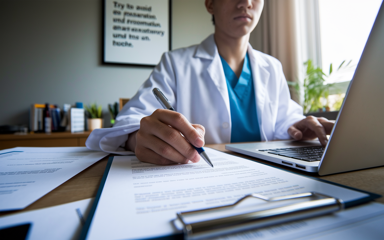 A close-up view of a medical graduate in a home office, editing their CV and personal statement on a laptop. Various documents, including letters of recommendation and notes, are scattered on the desk. A motivational quote is framed on the wall, and the atmosphere feels focused and productive, illuminated by natural light coming through a window.