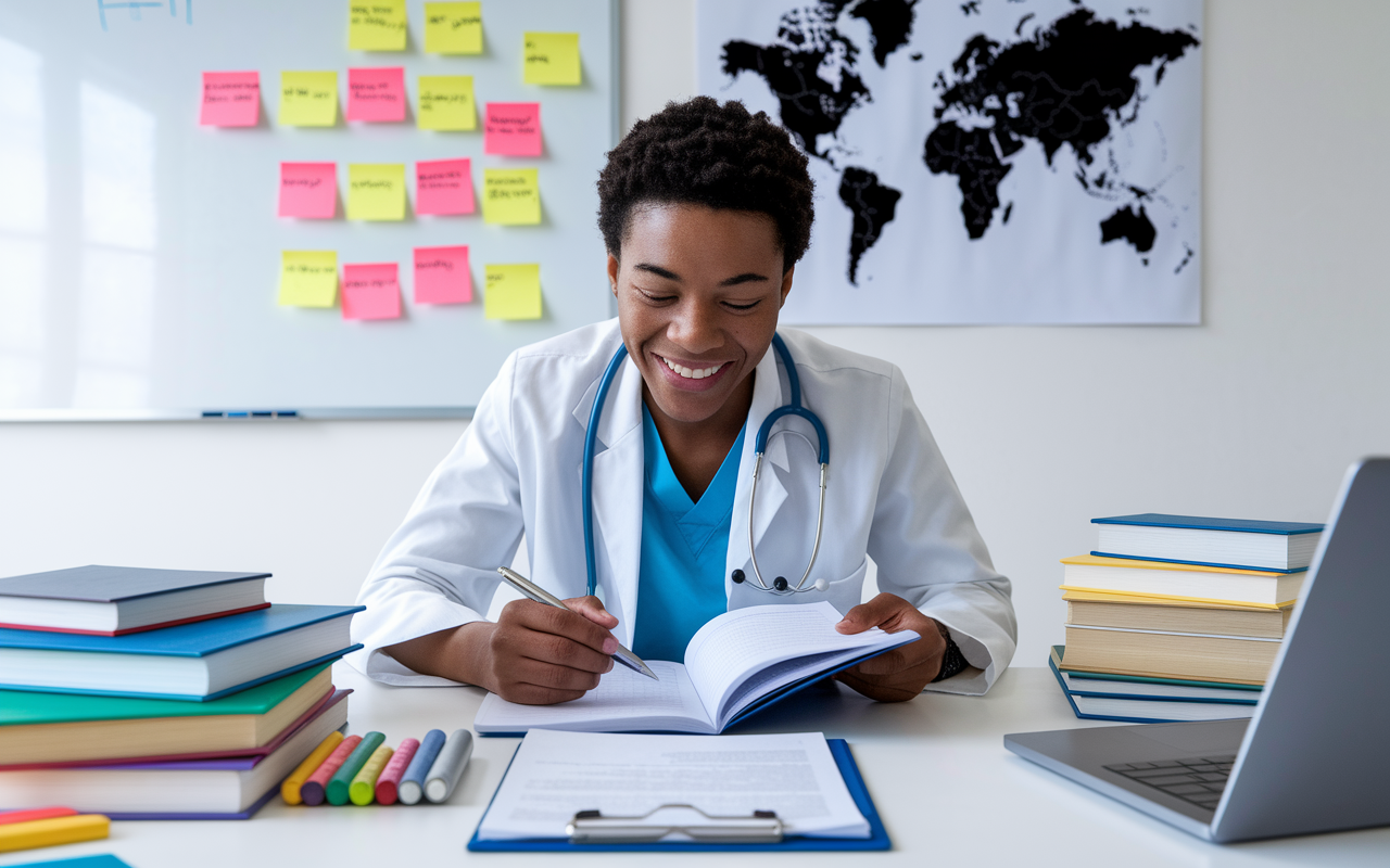 An enthusiastic medical graduate surrounded by research materials, books, and a laptop, focused on defining their goals for residency. Sticky notes with different specialties are visible on a whiteboard behind them, and a world map shows potential residency locations. The lighting is bright, suggesting clarity of purpose and determination.