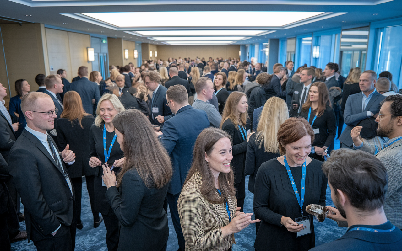 A professional networking event taking place in an elegant conference room, filled with medical graduates and program coordinators engaged in conversation. Name tags are visible, and individuals are exchanging contact information enthusiastically. The room is well-lit, and the atmosphere is one of hope and opportunity as connections are being made.