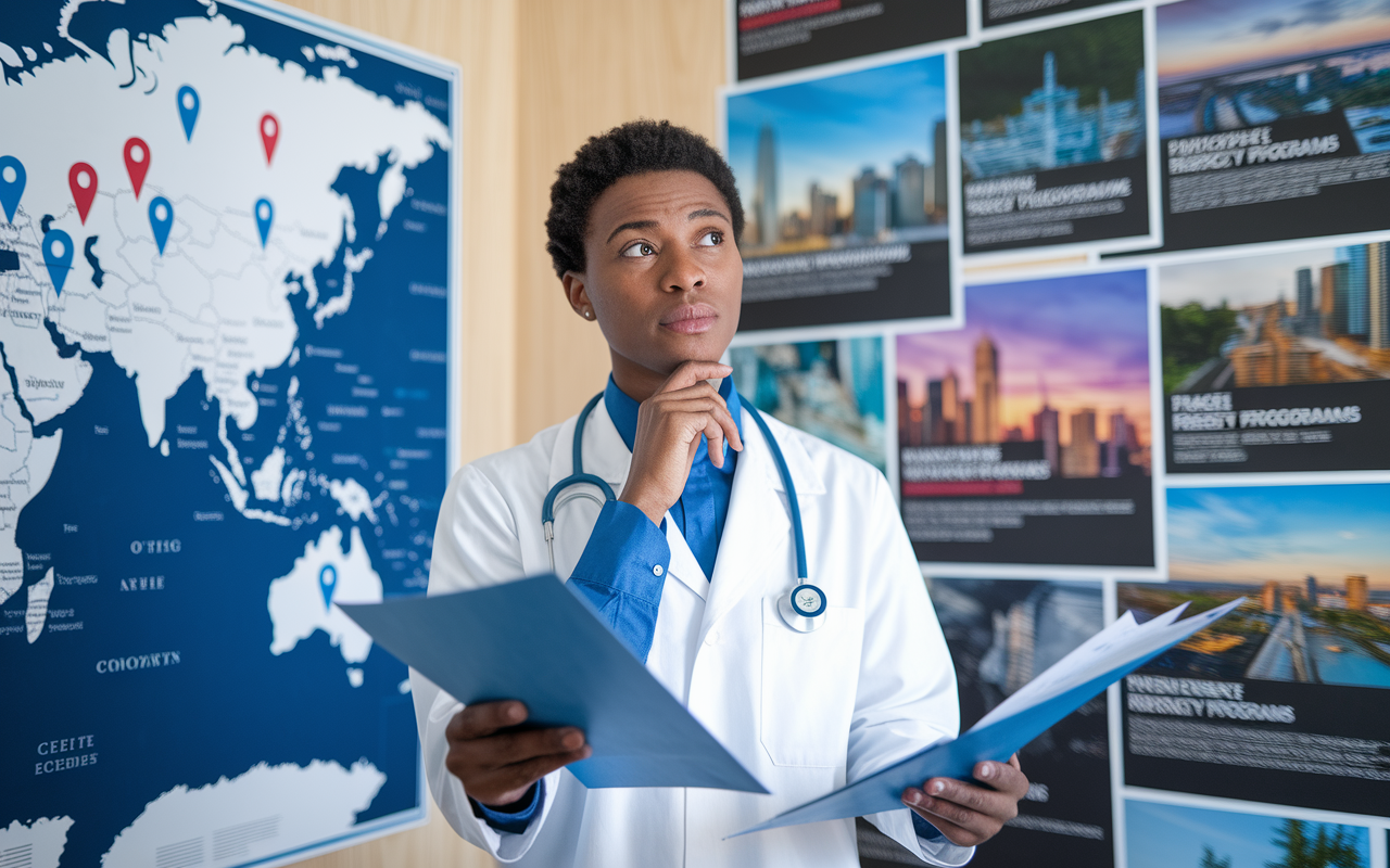 A medical graduate standing in front of a large map with pins marking various residency locations. They have a thoughtful expression while considering multiple options, with documents in hand showing potential applications. The setting is a blend of a cozy office and a travel-themed inspiration board with images of cities and residency programs.