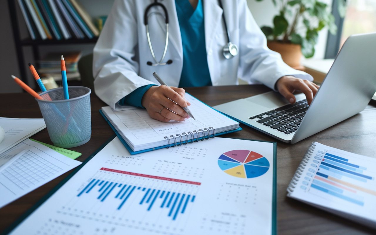 A focused medical graduate managing their time effectively with a planner and digital tools on their desk, filled with deadlines and strategies for the SOAP process. The individual is typing on a laptop, surrounded by visual aids like charts and calendars, emphasizing an organized and dynamic workspace, with a vibrant and detailed atmosphere.