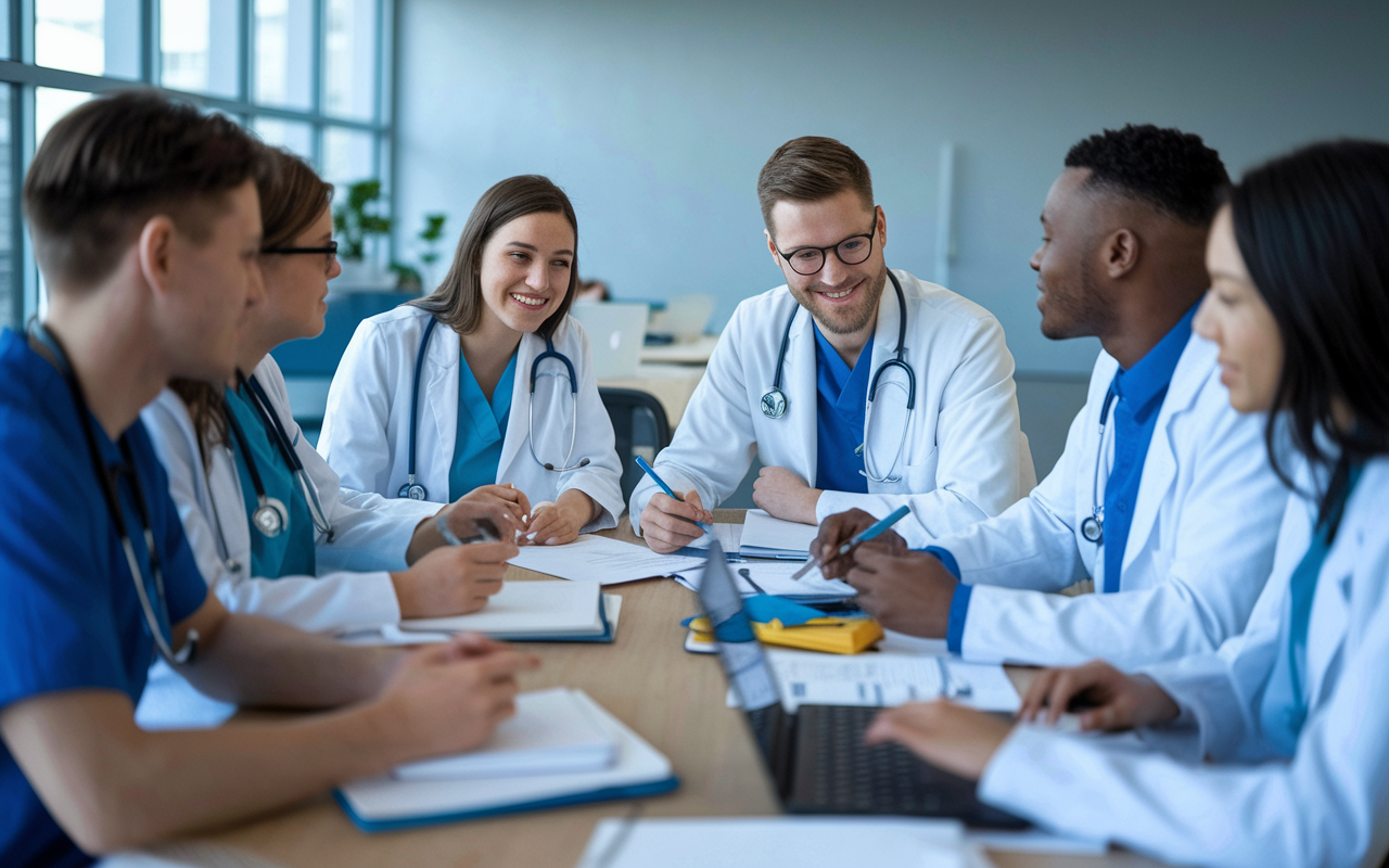 A group of medical graduates sitting together in a study group, sharing insights and feedback on their residency applications. The atmosphere is collaborative, filled with enthusiasm and shared determination. Various notes and laptops are spread across a large table, highlighting their collective effort and engagement.