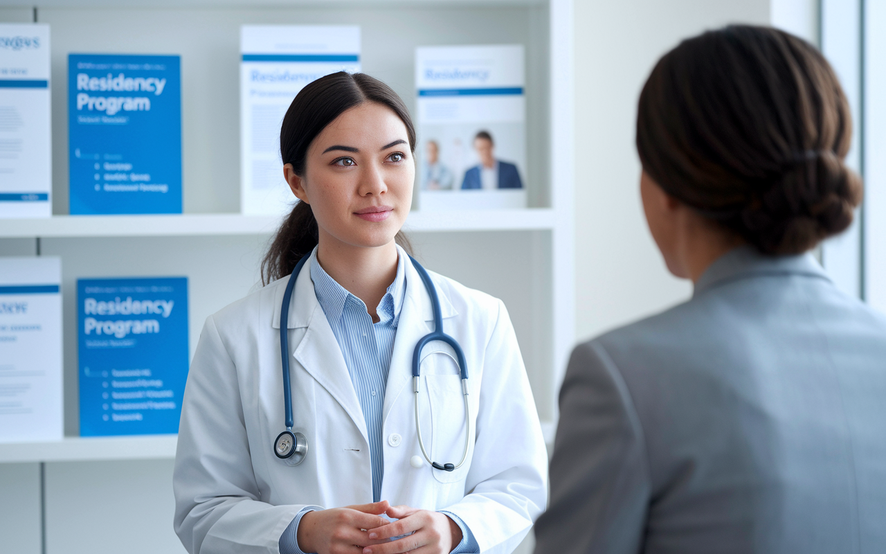 A medical graduate practicing for a residency interview in a bright, modern setting, simulating a real interview scenario with a mentor. The backdrop includes medical charts and residency program brochures, illustrating a professional and supportive atmosphere. The graduate appears confident and focused, demonstrating their commitment to the interview process.