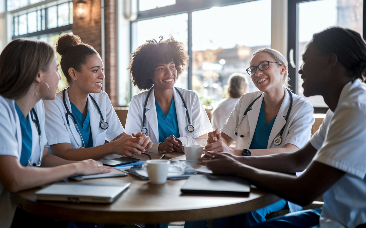 A diverse group of medical students sitting together in a cozy coffee shop, engaged in a supportive discussion about their experiences and challenges with SOAP. The setting is warm and inviting, with natural light streaming through large windows, and personal items like laptops and notebooks scattered on the table. Expressions of camaraderie and hope reflect the emotional support system, highlighting the importance of community and mentorship during tough times.