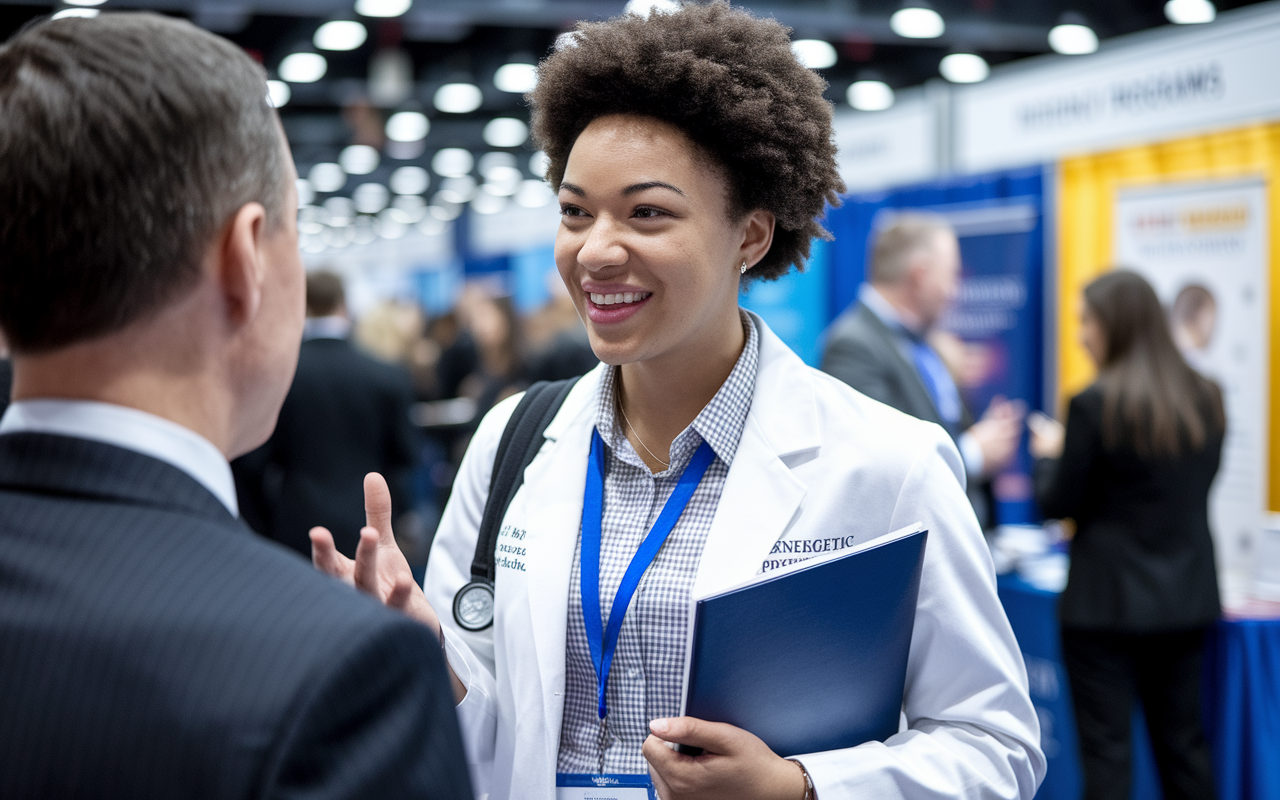 A close-up of a medical student at a busy career fair, demonstrating confidence and enthusiasm as they engage in conversation with a residency program director. The backdrop is filled with colorful booths and banners from various residency programs, creating an energetic atmosphere. The student is dressed professionally, holding a polished CV in hand, radiating determination and hope for future opportunities.