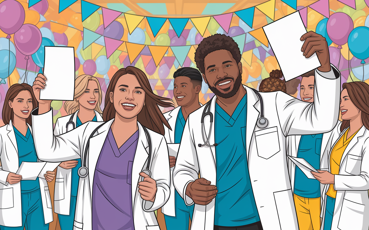 A vibrant scene depicting two medical students, Sarah and Tom, celebrating their successful placements in diverse residency programs after navigating SOAP. They are in a jubilant atmosphere, holding up acceptance letters with wide smiles, surrounded by colleagues in a celebratory gathering. The setting is filled with balloons and congratulatory banners, capturing the joy and relief of achieving their dreams amidst the challenges faced during the residency match process.