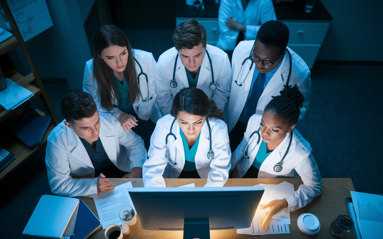 A tense and dramatic scene on Match Day featuring a group of diverse medical students gathered around a computer in a small study room, nervously waiting to check their match results. The tense expressions show anxiety and anticipation, with documents, coffee cups, and textbooks scattered around. The atmosphere is dimly lit but focused on the bright glow of the computer screen, emphasizing the urgency of the moment.