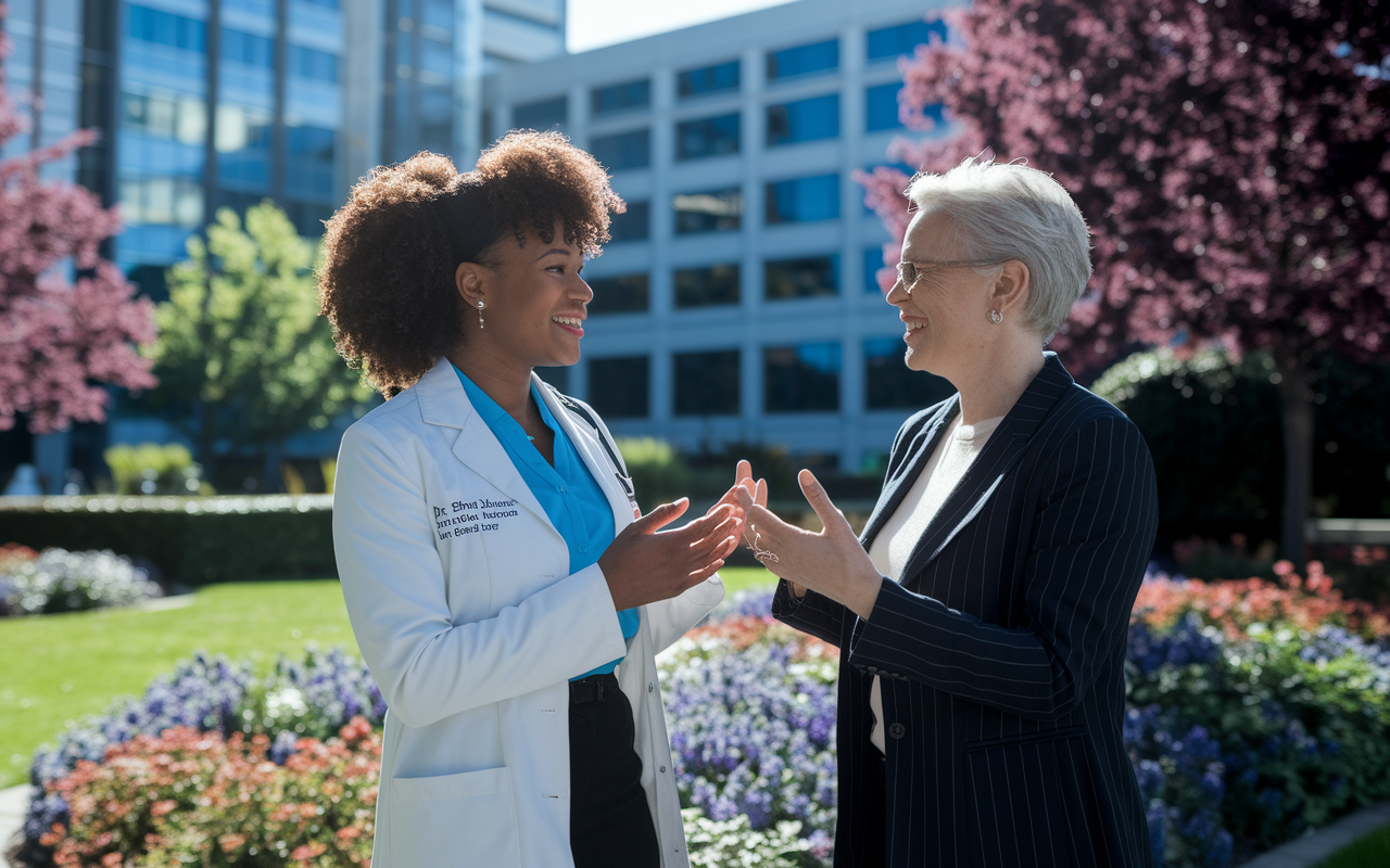 A vibrant scene depicting Dr. Sarah Jones as a confident young woman in professional attire, engaging with a mentor in a sunny hospital garden. They are animatedly discussing opportunities, with a backdrop of blooming flowers, a hospital building visible in the distance. The setting conveys positivity, determination, and the power of networking in shaping her career. The sunlight casts warm tones on the subjects, highlighting their enthusiasm.